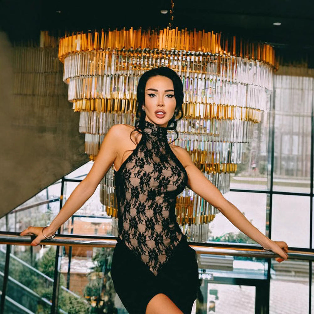 Damen elegantes Transparentes Spitzenkleid mit asymmetrischem Rock EB