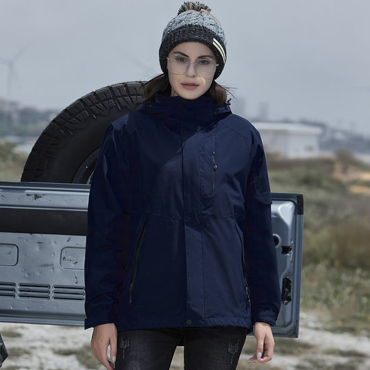 Damen Wasserdichte Outdoorjacke mit Kapuze, atmungsaktiver Membran und Multifunktions‑Reißverschlusstaschen EB