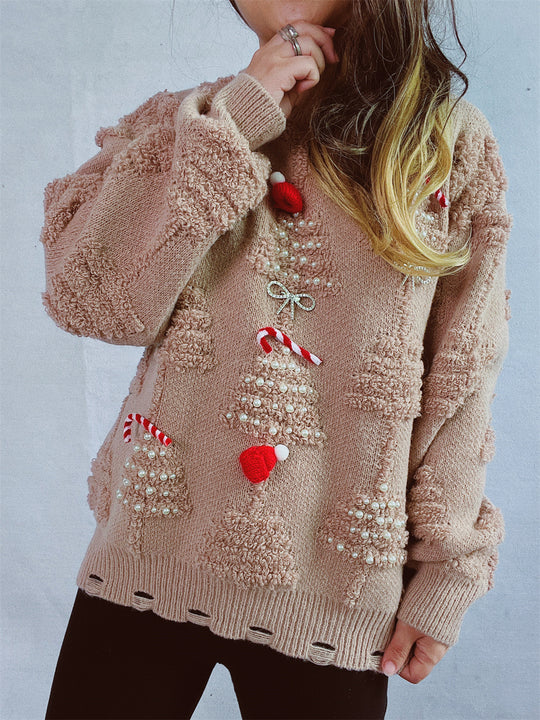 Damen festlicher Pullover mit kreativen Weihnachtsmotiven und strukturiertem Design EB