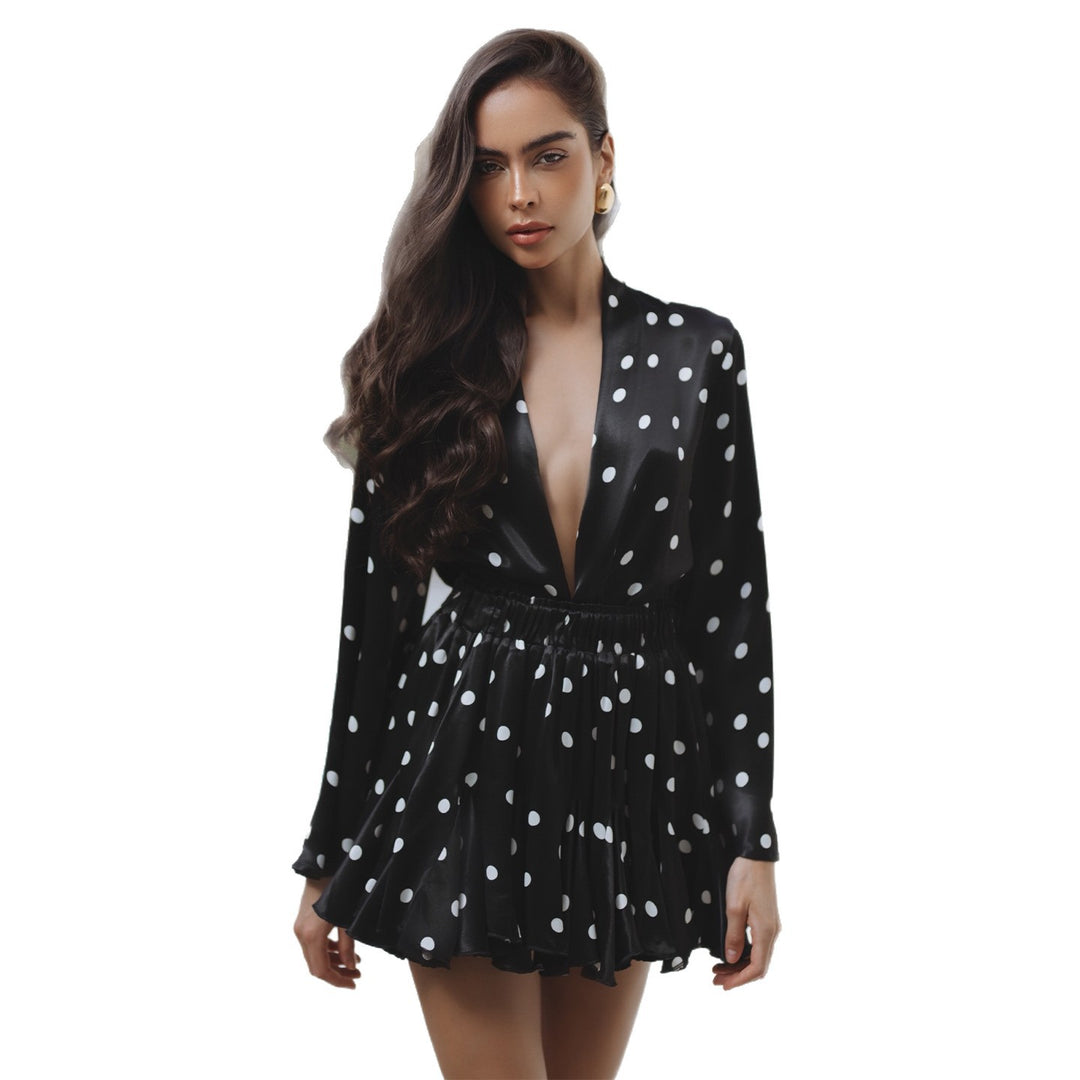 Damen Polka Dots Minikleid mit V-Ausschnitt und weitem Ärmel EB