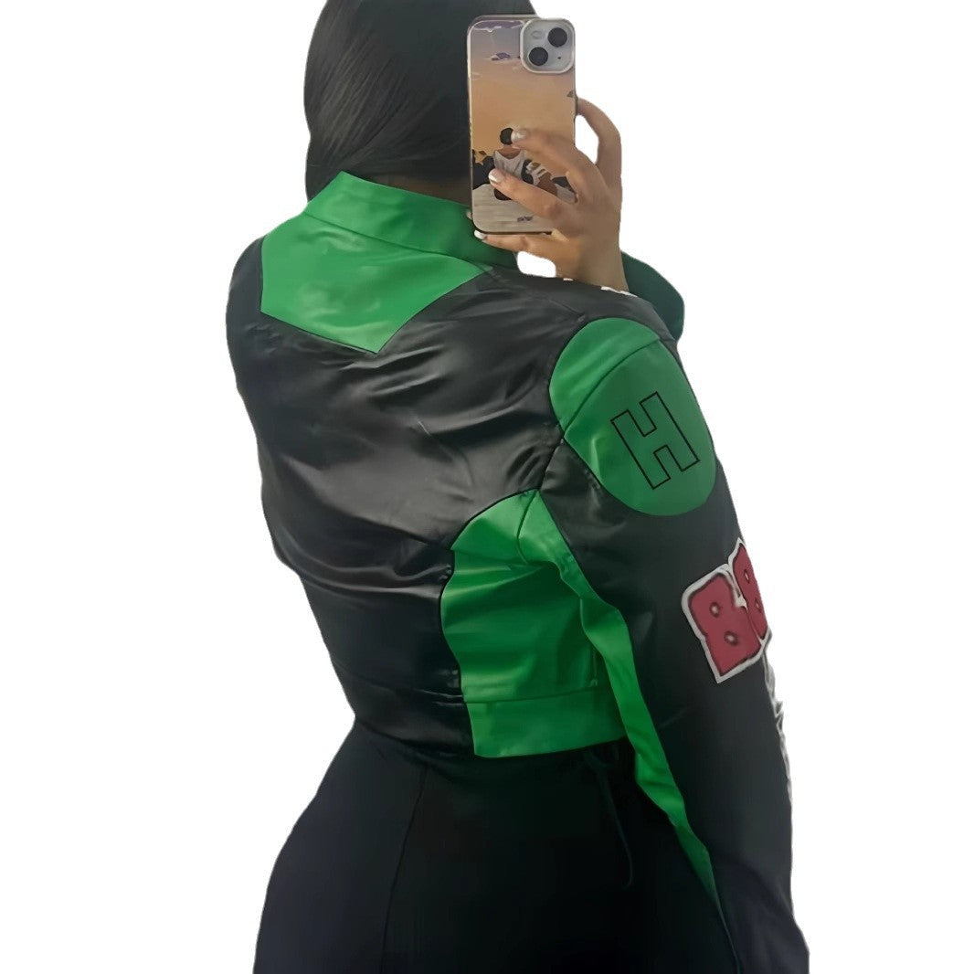Damen trendige cropped Bikerjacke mit sportlichen Patches EB