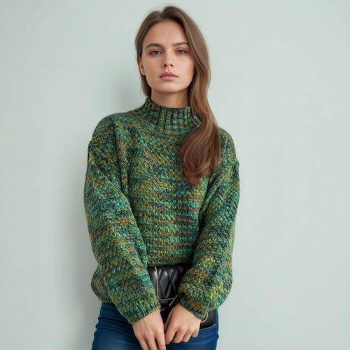 Damen gemütlicher Rollkragenpullover mit modernem Lochstrickdesign EB