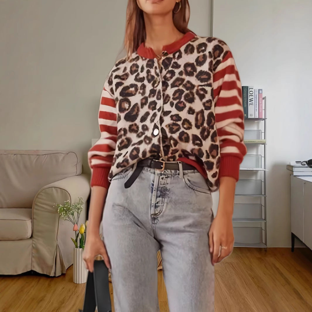 Damen Modische Jacke mit Tiermuster und gestreiften Ärmeln EB