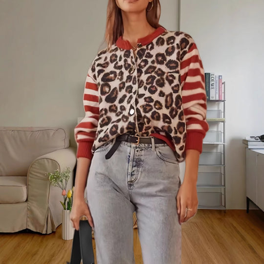 Damen Modische Jacke mit Tiermuster und gestreiften Ärmeln EB