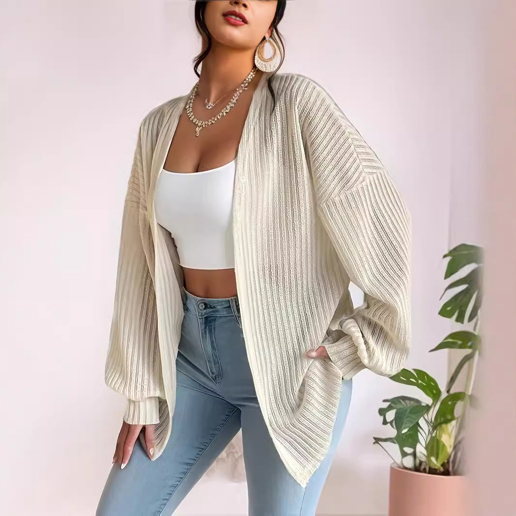 Damen Lässige Strickjacke mit weit geschnittenen Ärmeln und Rippenstruktur EB