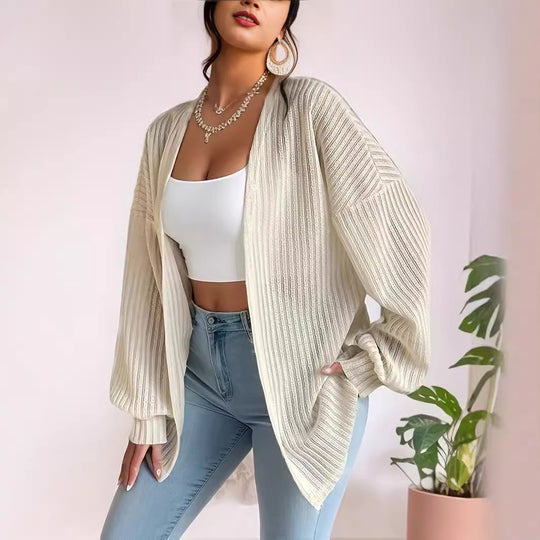 Damen Lässige Strickjacke mit weit geschnittenen Ärmeln und Rippenstruktur EB