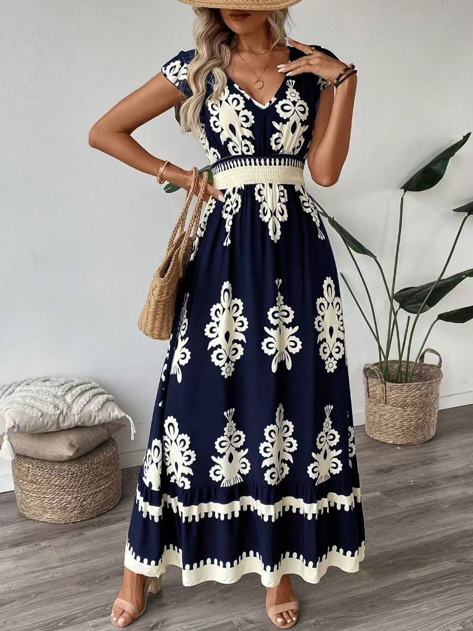 Damen Maxikleid mit floralem Muster und V-Ausschnitt EB
