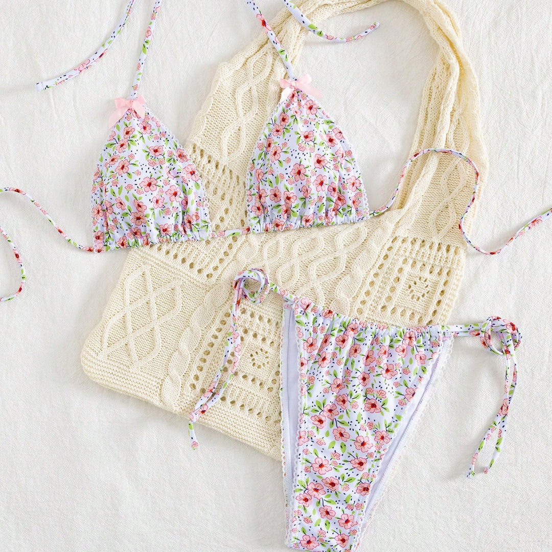 Damen Triangel-Bikini mit floralem Muster und vielseitigem Höschen EB