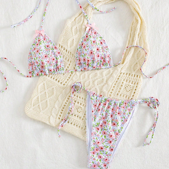 Damen Triangel-Bikini mit floralem Muster und vielseitigem Höschen EB