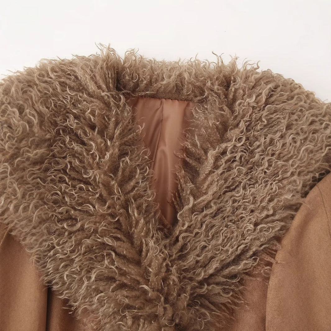 Damen Elegante Teddyjacke mit Taillengürtel und voluminösem Kragen EB