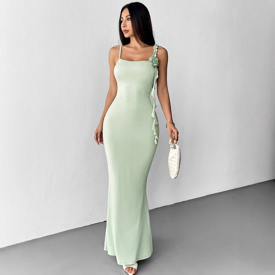 Damen Elegantes Maxikleid mit floralem Necktie und asymmetrischen Rüschen EB
