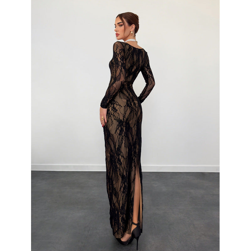 Damen Spitzenkleid mit transparentem Design und eleganten Details EB
