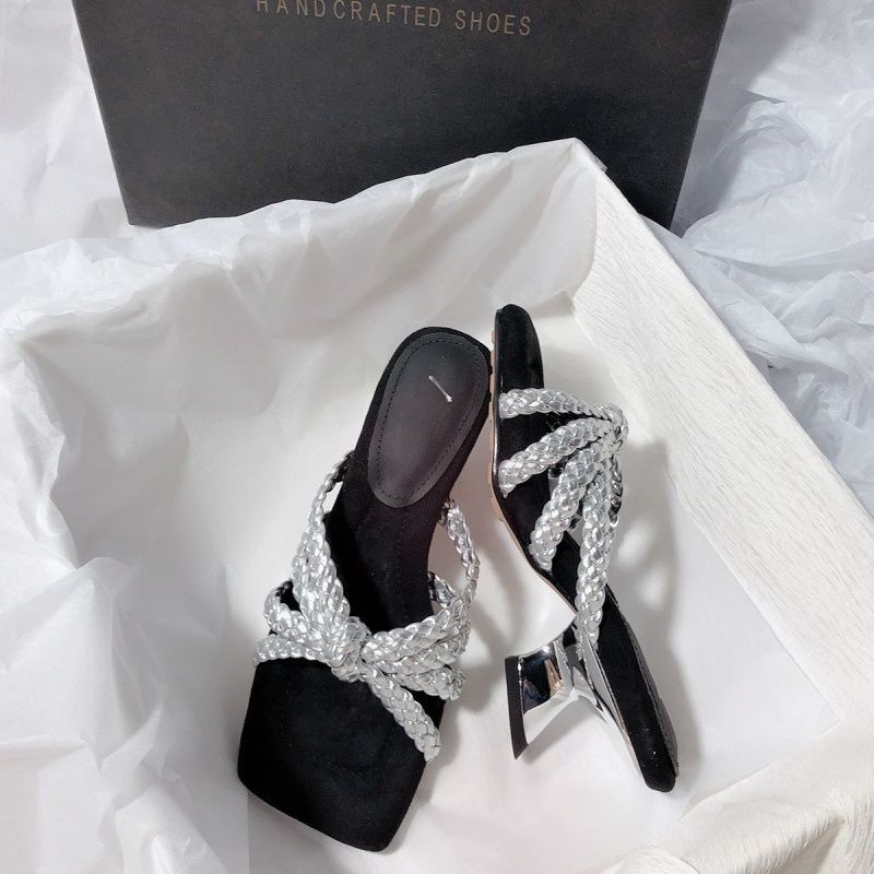 Damen elegante Mules mit geflochtenen Riemen EB
