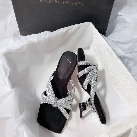 Damen elegante Mules mit geflochtenen Riemen EB
