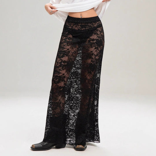 Damen Maxirock aus eleganter Spitze mit hohem Schlitz und voluminösem Schnitt EB