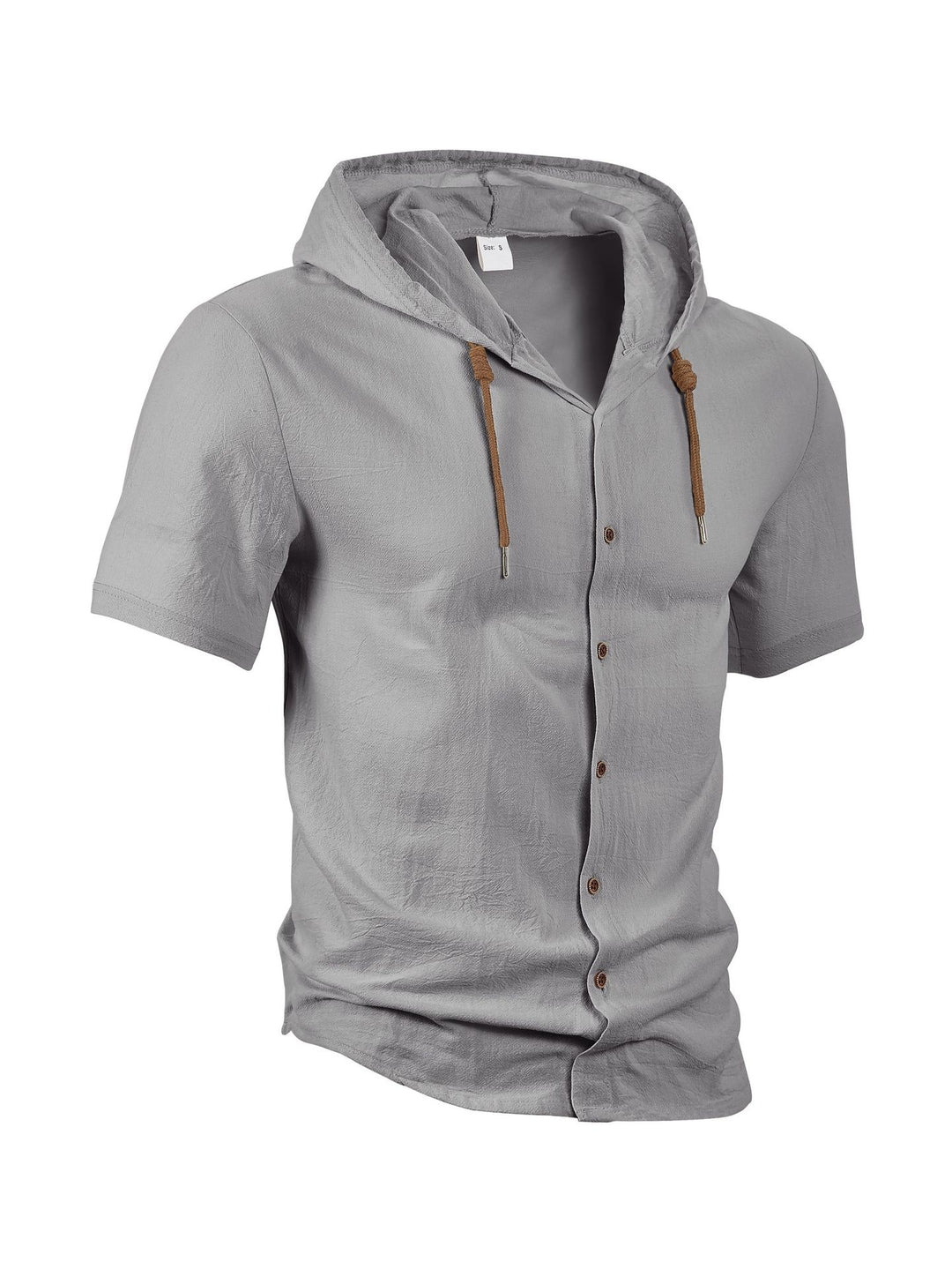 Herren nan tailliertes Kurzarm-Kapuzenshirt in Struktur-Leinenoptik mit Holzoptikknöpfen und Kordel EB