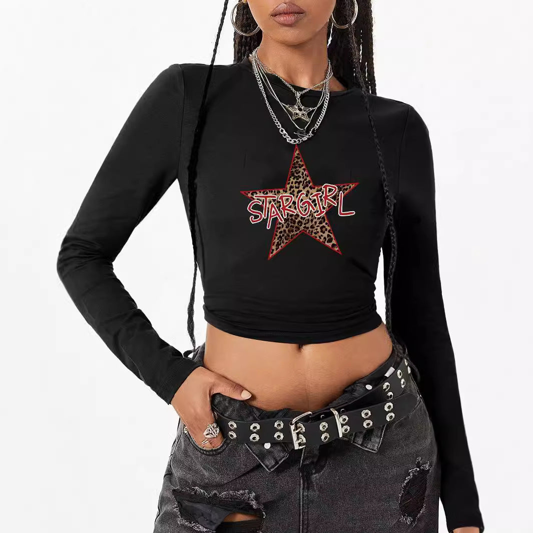 Damen nan figurbetontes Langarmshirt mit niedlichem Gänse-Print, Rundhalsausschnitt und leichtem Stretch EB