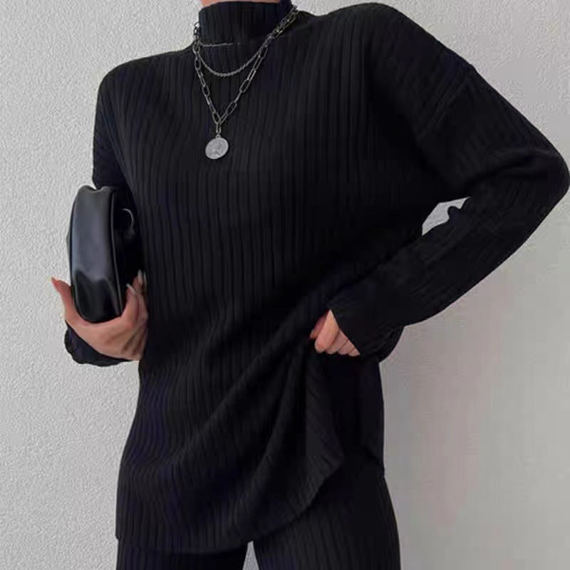 Damen Strick-Loungewear-Set mit hohem Kragen und weitem Bein EB