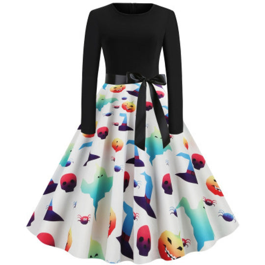 Damen Vintage Swingkleid mit Kürbisprint, langärmlig und taillierter Satinschleife EB