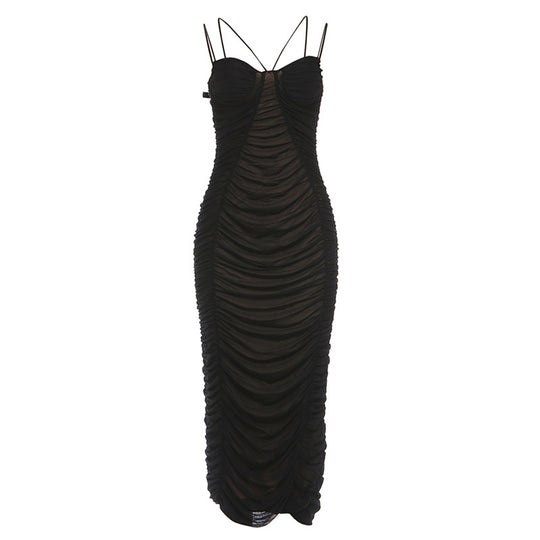 Damen Elegantes Maxikleid mit raffinierten Rüschendetails und feinen Spaghettiträgern EB
