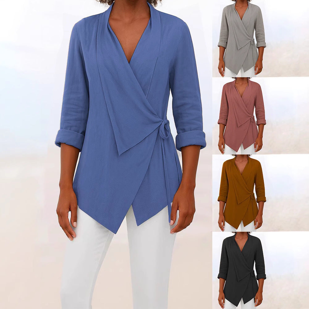 Damen Asymmetrische Wickelbluse mit Schalkragen und 3/4-Ärmeln EB