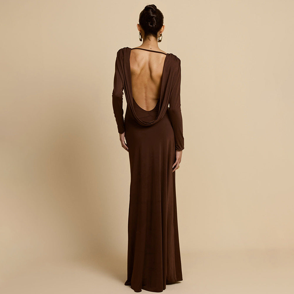 Damen Elegantes Maxikleid mit tiefem V-Ausschnitt und langen Ärmeln EB