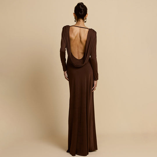Damen Elegantes Maxikleid mit tiefem V-Ausschnitt und langen Ärmeln EB