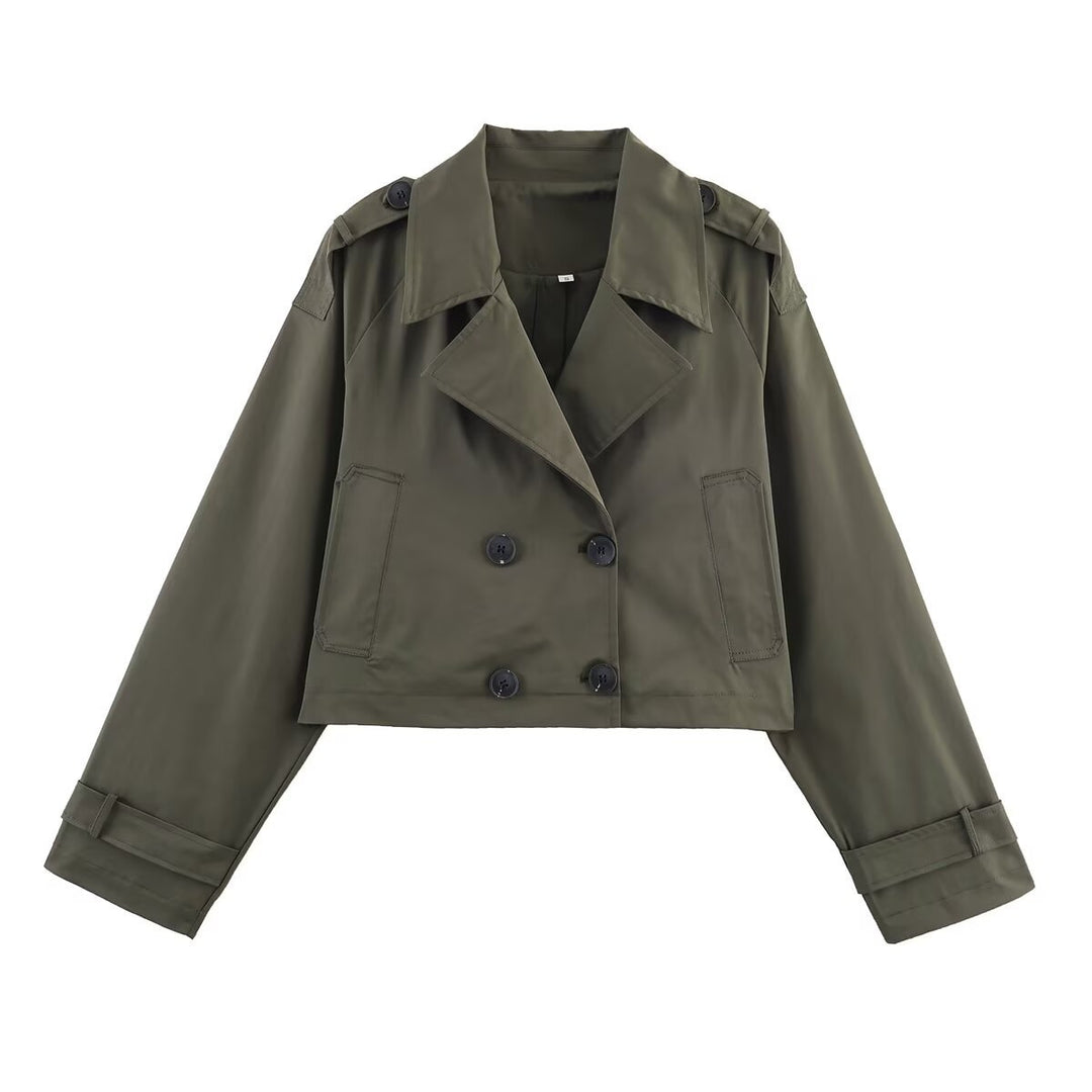 Damen Cropped Trenchcoat mit doppelter Knopfleiste und praktischen Taschen EB