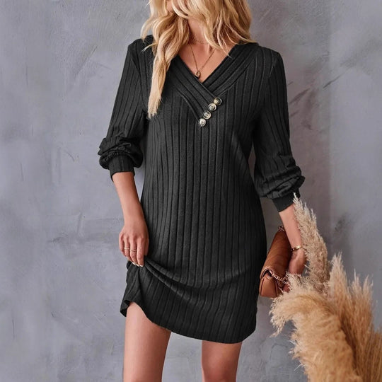 Damen Röhrenkleid mit elegantem V-Ausschnitt und dekorativen Knöpfen EB