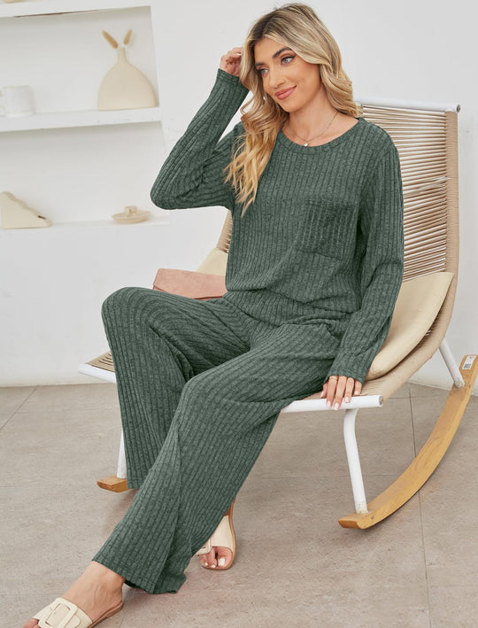 EB | Lounge Satz Strickrib Textur Lockere Passform Langärmliges Oberteil & Hose