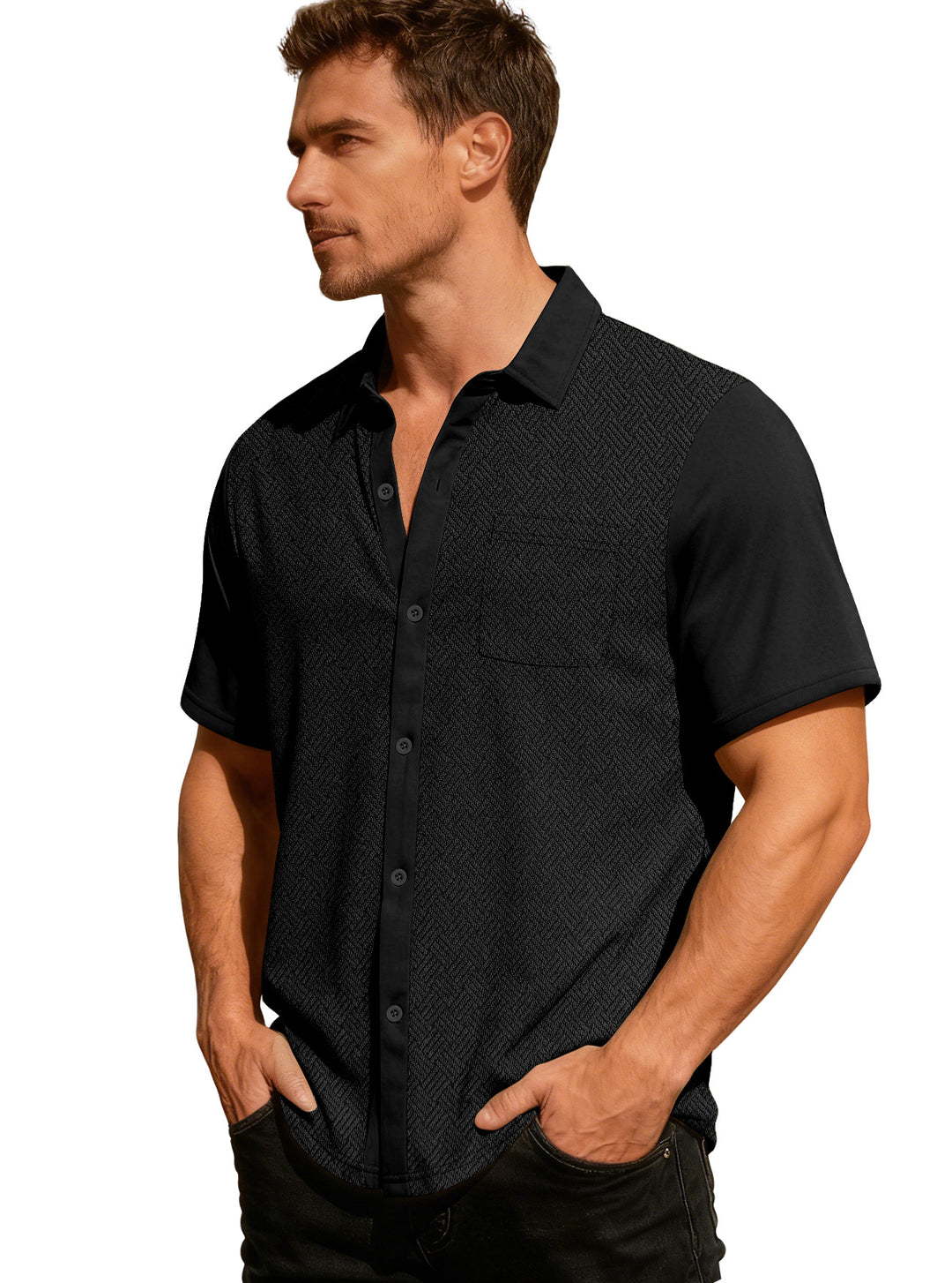 Herren nan legeres Kurzarmhemd mit Jacquardstruktur, kontrastierter Knopfleiste und Brusttasche EB