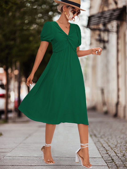 Damen Midikleid mit eleganter Raffung und voluminösen Puffärmeln EB