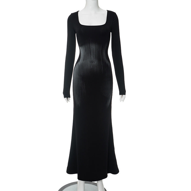 Damen Elegantes Maxikleid mit wellenförmigem Design und langen Ärmeln EB