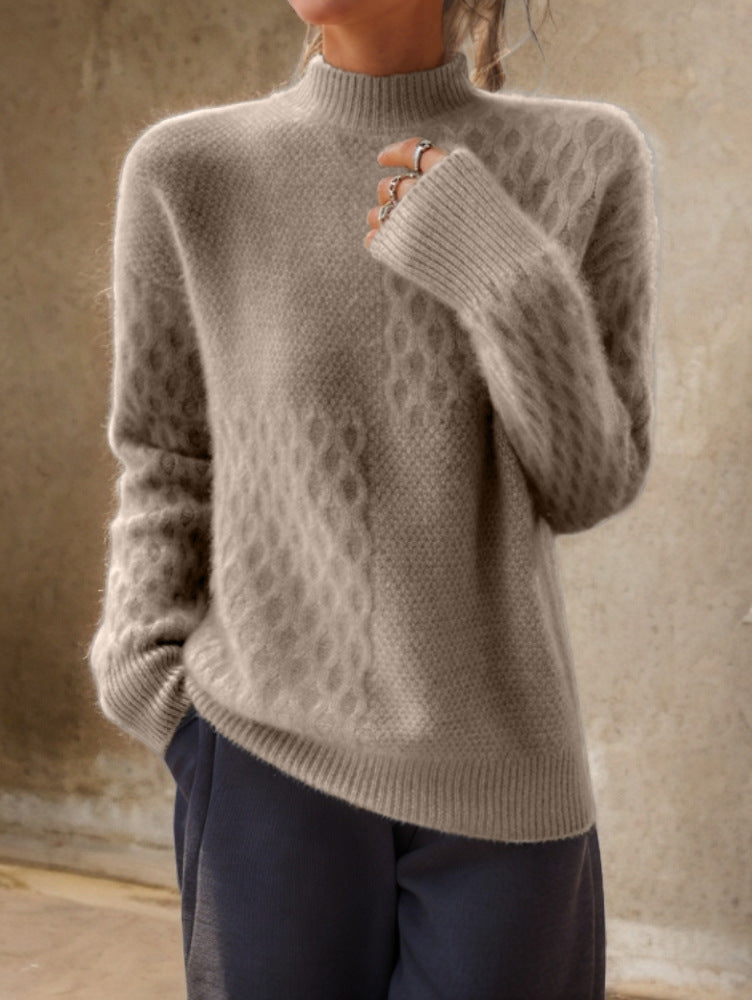 Damen nan lässiger Mohair-Mix Feinstrickpullover mit Strukturmix, Stehkragen und überschnittenen Schultern EB
