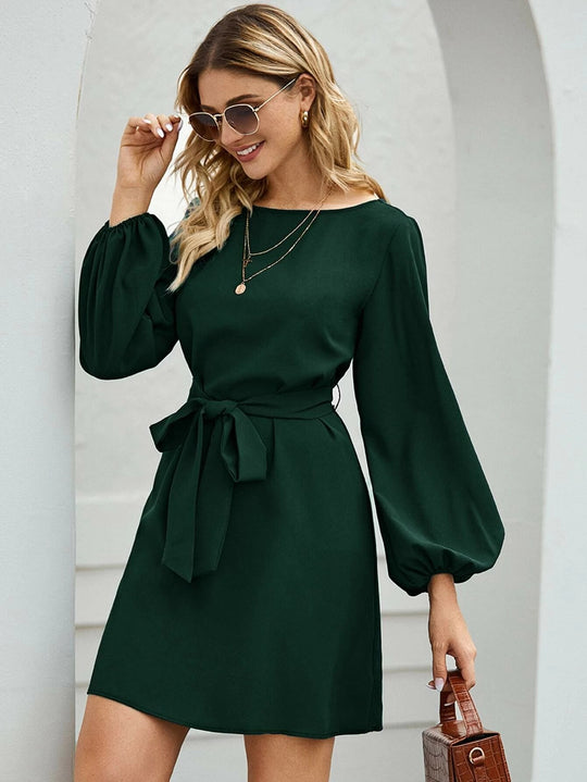 Damen nan elegantes Etuikleid mit Ballonärmeln und Taillengürtel EB