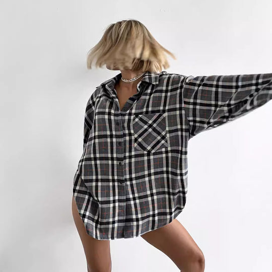 Damen lässige Flanell-Hemdbluse mit Übergröße und Karomuster EB