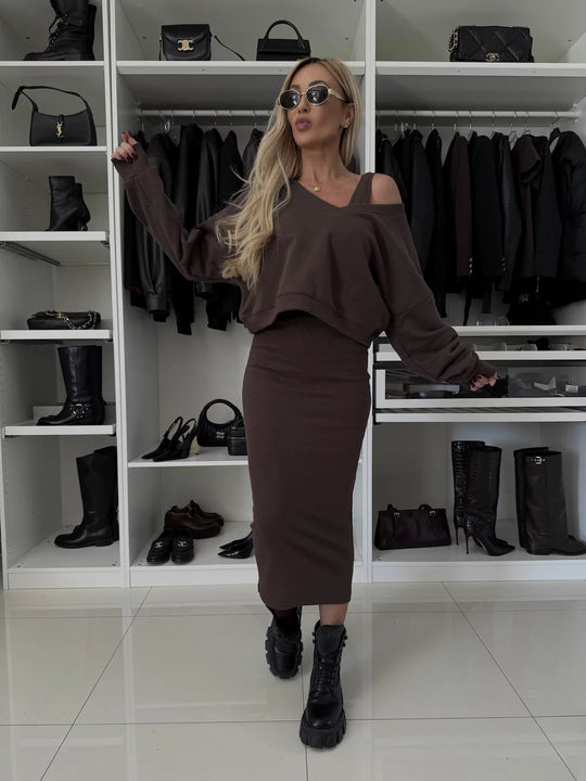 Damen modisches Kleidungsensemble mit asymmetrischem Schnitt und weichem Baumwollmaterial EB