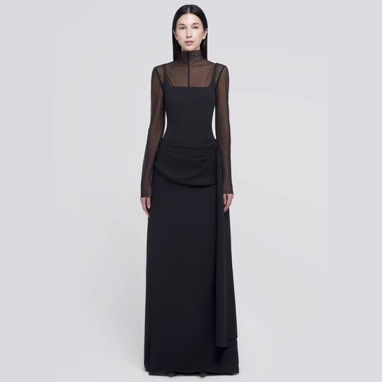 Damen Elegantes Maxikleid mit transparenten Ärmeln und drapiertem Rock EB
