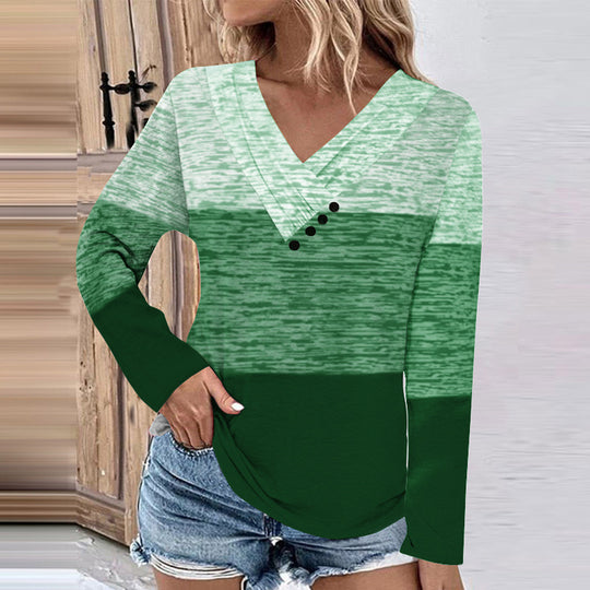Damen Gerippter V-Ausschnitt Pullover mit Farbverlauf, Zierknöpfen und legerer Passform EB