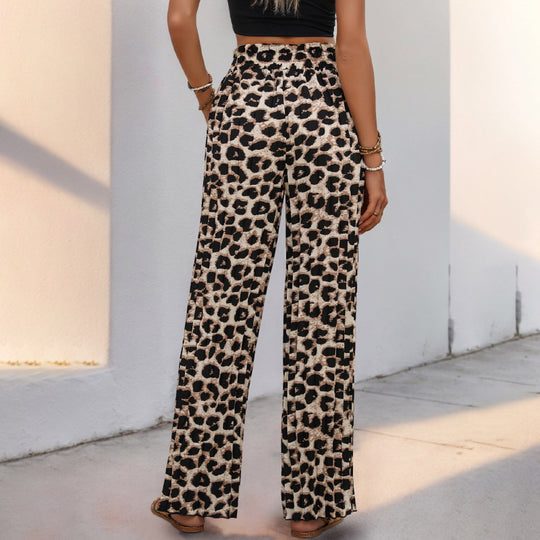 Damen Weite Leopardmuster-Hose mit elastischem Bund und Kordelzug EB