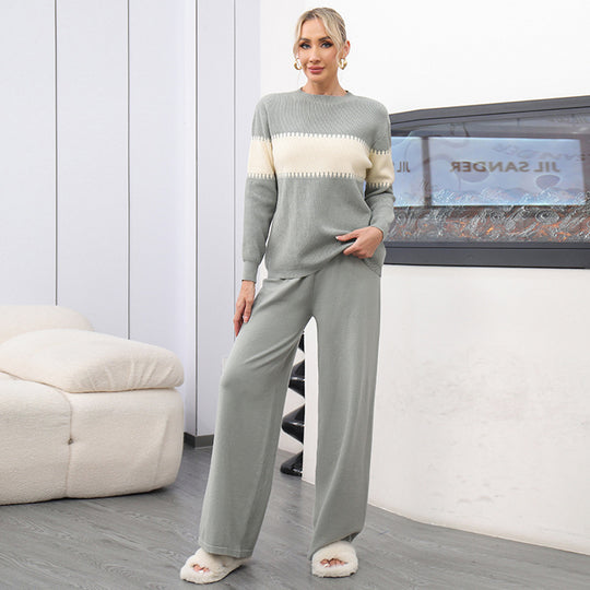 Damen gemütliches Strick-Loungewear-Set mit elegantem Strukturmuster und weitem Bein EB