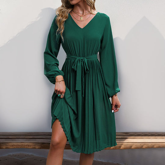 Damen Plissiertes Wickelkleid mit Taillengürtel und langen Ärmeln EB