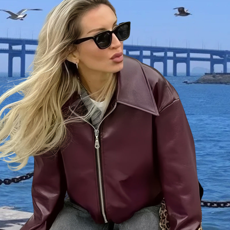 Damen moderne Bikerjacke mit glänzendem Kunstleder EB