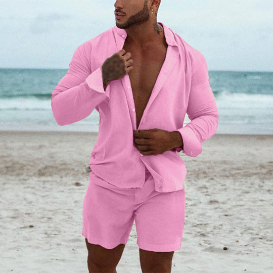 Herren modisches Freizeit-Set mit langarmigem Hemd und Shorts EB