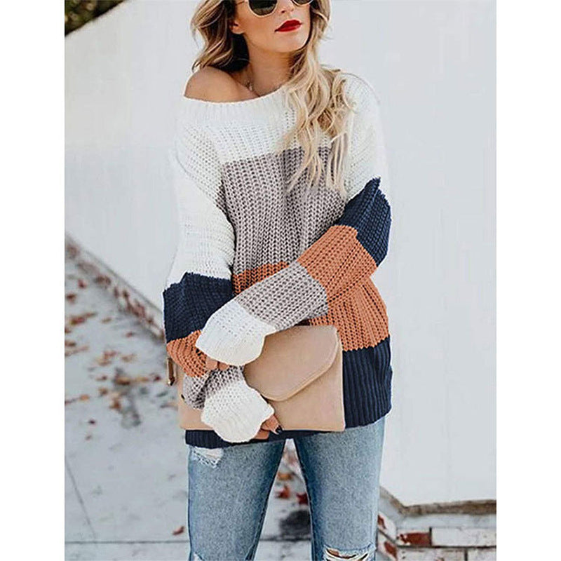 Damen Strickpullover mit blockfarbigem Muster und lockerem Schnitt EB