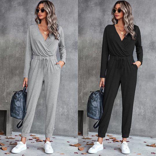 Damen Lässiger Langarm-Jumpsuit mit Wickeloberteil und elastischem Bund EB