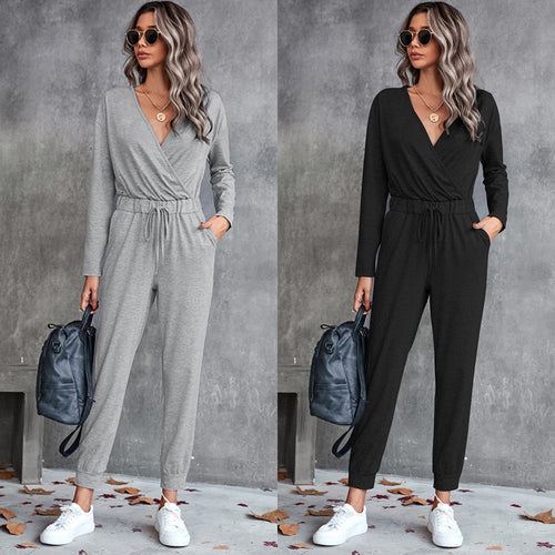 Damen Lässiger Langarm-Jumpsuit mit Wickeloberteil und elastischem Bund EB