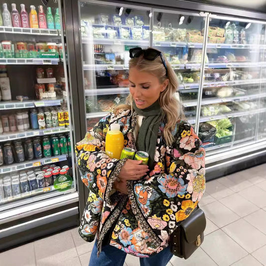 Damen gestepptes Blütenmuster Jacke EB
