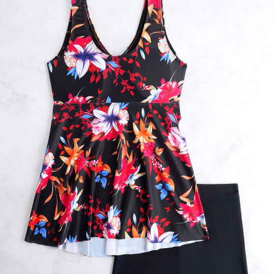 Damen Badeanzug mit höhenverstellbarem Kordelzug und floralem Design EB