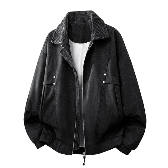 Unisex  oversized relaxed bomber jacket with corduroy contrast collar and elastic hem EB